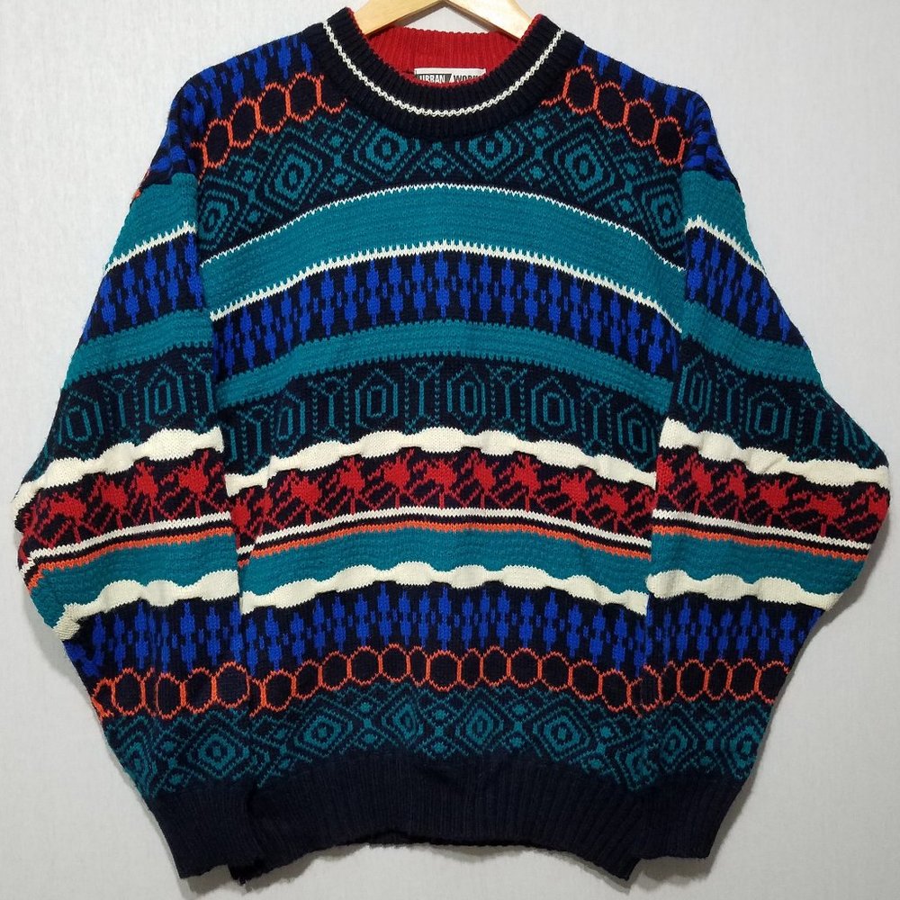 Vintage 90s Coogi Style Men's Crazy Knit Striped Pullover Crewneck Sweater - L